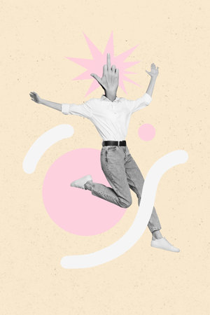 Vertical collage image of excited person, black white gamma hand, demonstrate middle fingerの写真素材