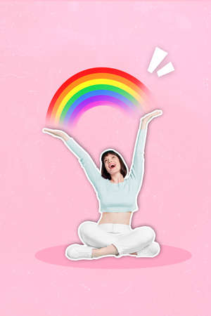 Artwork magazine picture of funny funky lady showing hands arms rainbow isolated drawing backgroundの写真素材