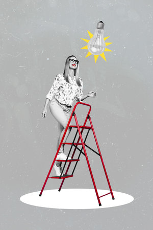 Collage photo of businesswoman walk upstairs get new genius idea how get money isolated on grey color backgroundの写真素材