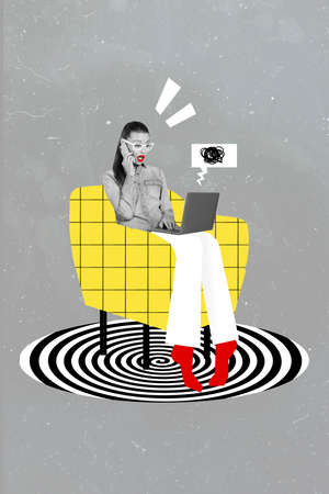 Artwork vertical collage photo of busy businesswoman boss chief shocked stressed terrible employee report computer problem repair conceptの写真素材