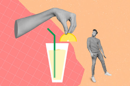 Creative trend collage of little shocked man watching big bartender hand add fresh lemon cocktail glass party summertime disco conceptの写真素材