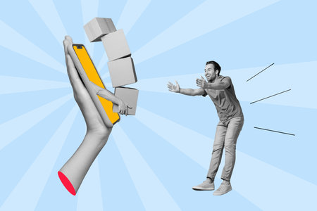 Photo cartoon comics sketch picture of happy excited man stretching hands receive online order delivery big hand hold smart phone boxesの写真素材