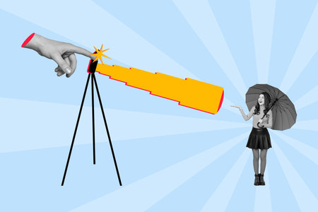 Composite collage image of big hand professional photographer camera shooting tiny lady model hold umbrella isolated painting backgroundの写真素材