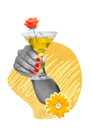 Creative trend collage of girlish elegant woman hand holding cocktail glass bar flowers daisy rose date party isolated painting backgroundの写真素材