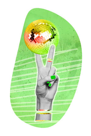 3d retro abstract creative artwork template collage of big woman hand showing v-sign hello symbol disco ball party entertainment conceptの写真素材