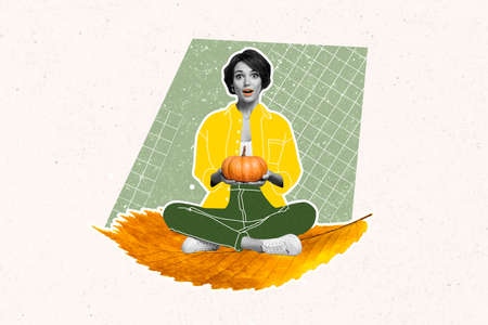 Composite collage image of charming young woman impressed sitting crossed legs big autumn golden...