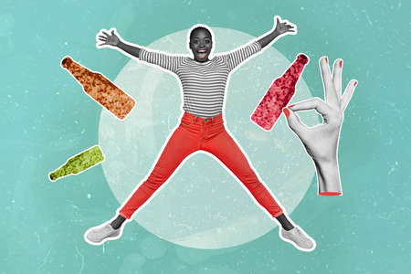 Retro abstract creative artwork template collage of excited happy girl jumping star pose have fun hand showing okey symbol alcohol bottleの写真素材