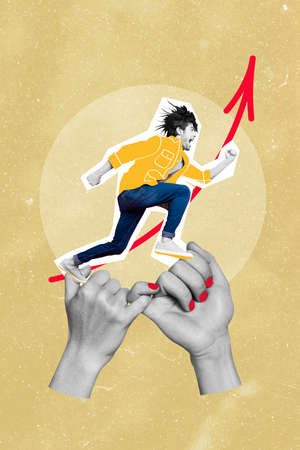 Vertical creative collage image of excited screaming man running fast analytic arrow increase up teamwork little fingers hold togetherの写真素材