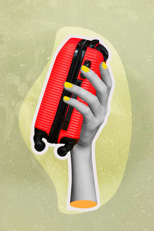 Vertical collage illustration of woman hand holding small red suitcase airport weight control ready...