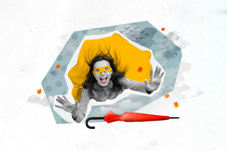 Creative 3d photo artwork graphics collage of excited positive funny funky girl flying high sky wear...