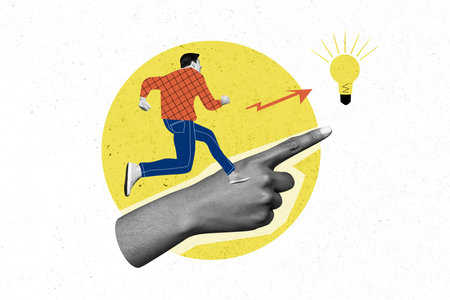 Creative collage image of businessman worker employee running fast pursue genius idea light bulb hand point success way drawing backgroundの写真素材
