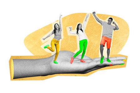 Exclusive minimal magazine sketch collage of big hand holding three funny positive dancing young students man women party disco have funの写真素材