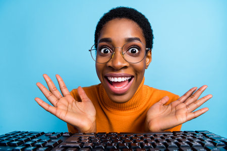Close-up photo of excited crazy female working on new project signed goo contract isolated on blue...