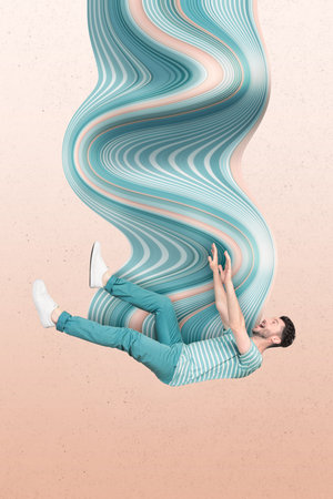 Photo collage postcard poster sketch of crazy person hypnotic process illusion emotions isolated on...