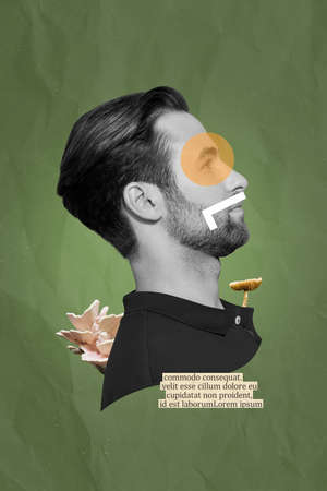 Photo 3d collage postcard poster image of handsome man face show haircut barbershop advert isolated on painting backgroundの写真素材