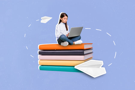 Banner collage photo of little school girl sit type laptop on book wear casual cloth isolated on drawing blue color backgroundの写真素材