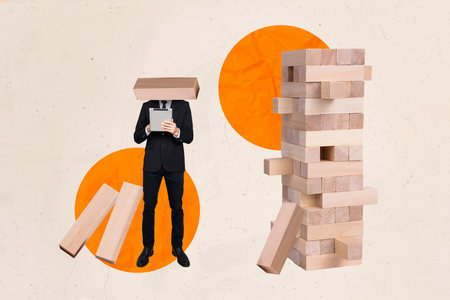 Creative image collage of entrepreneur with jenga brick face search business decision tablet...