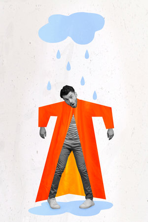Photo 3d collage pinup pop poster postcard of shocked man guy stand under heavy rain isolated on drawing backgroundの写真素材