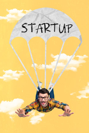 Vertical composite collage of cheerful positive guy flying painted startup parachute isolated on...