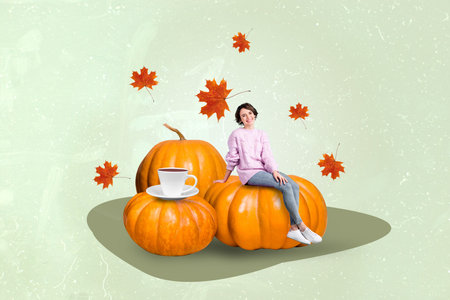 Composite collage image of cheerful mini girl sitting pumpkin big coffee cup flying maple leaves isolated on painted backgroundの写真素材