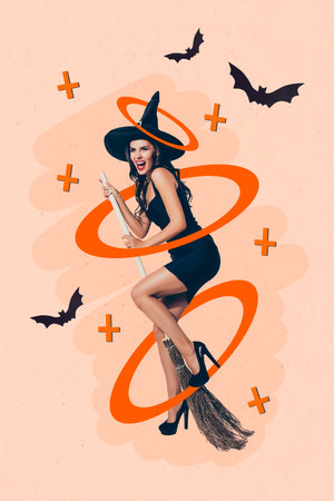 Creative 3d collage artwork postcard poster template of attractive crazy young witch fly halloween carnival isolated on painting backgroundの写真素材
