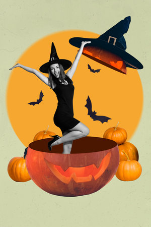 Collage photo of young attractive girl have fun wear black costume hat halloween scary pumpkin decoration isolated on white color backgroundの写真素材