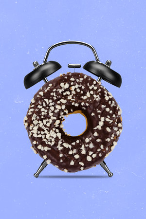 Creative trend collage of alarm clock donut instead clockface dieting snack time sweet dessert...