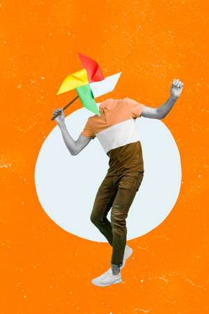 Creative 3d collage artwork postcard poster sketch of funny funky person without face hold colorful windmill isolated on drawing backgroundの写真素材