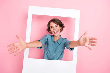 Photo image of youngster sweet cheerful stylish lady white photograph border enjoy camera shooting isolated on pink color backgroundの写真素材