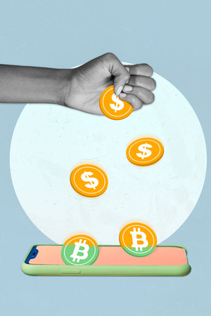 Vertical creative collage image of big hand holding pouring golden dollars bitcoin symbols telephone eshopping payment drawing backgroundの写真素材