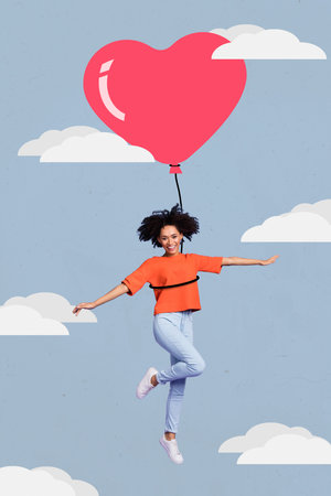 Composite collage image of excited cute adorable woman flying hanging big heart pink balloon aerostat celebration agency service romanceの写真素材