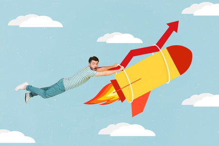 Ð¡ollage 3d artwork poster sketch of person achieve his goal flying on rocket up in sky grow professionally isolated on painting backgroundの写真素材