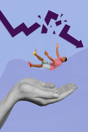 Composite collage image of little man falling down broken arrow big palms support catch help...