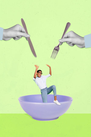 Vertical collage illustration of two big arms black white gamma hold knife fork eat mini person inside bowl isolated on drawing backgroundの写真素材