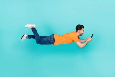 Profile side photo of blogger guy use gadget search network use connection isolated on cyan color...