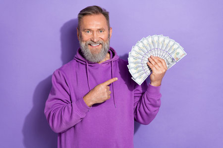 Photo of handsome pensioner positive man white gray beard wear hoodie directing at dollar banknotes...