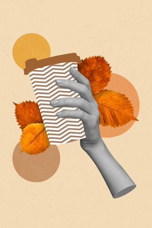 Creative drawing collage picture of hand holding take away paper cup hot coffee cacao tea cafeteria cafe autumn orange leaves cozy comfortの写真素材