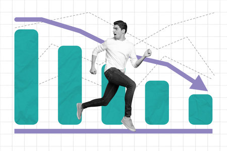 Banner collage of scared guy escape after falling downward money recession charts isolated on plaid...