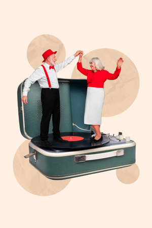 3d retro abstract creative artwork template collage of cute adorable grandparents dancing celebrate anniversary feel young vinyl recorderの写真素材