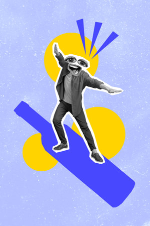 Creative 3d collage artwork postcard poster sketch of man weird face stand bottle imagine board ocean wave isolated on painting backgroundの写真素材