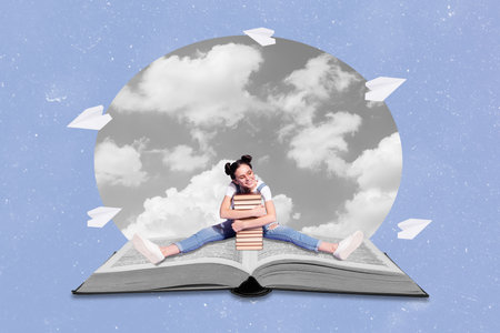 Creative 3d photo collage artwork poster of happy girl sit huge big book adore reading like study isolated on drawing backgroundの写真素材