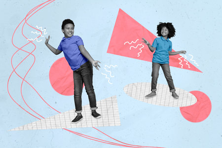 Creative 3d collage artwork poster postcard graphics of two happy boy brother have fun stand copybook in box isolated painting backgroundの写真素材