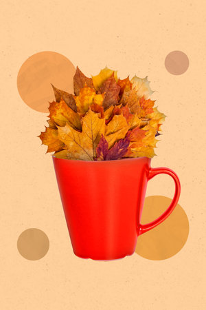 3d retro abstract creative artwork template collage of red tea coffee cup mug full autumn golden colorful leaves collection herbariumの写真素材