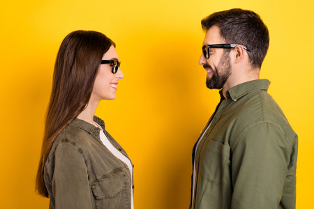 Profile side photo of intelligent hr manager have interview with new employee isolated on yellow...
