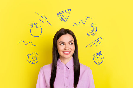 Collage photo of young adorable pretty nice woman wear office stylish shirt dreamy look painted food smile tasty lunch isolated on yellow color backgroundの写真素材