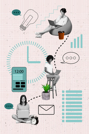 Collage photo of young concentrated ladies sitting pouf chair working distance online programmer freelancer isolated on painted backgroundの写真素材
