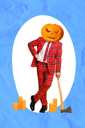 Vertical collage illustration of spooky man halloween pumpkin carved face instead head plaid costume lean ax serial killer butcher conceptの写真素材