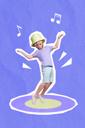 Vertical composite collage of excited positive person enjoy dancing have fun isolated on violet drawing backgroundの写真素材