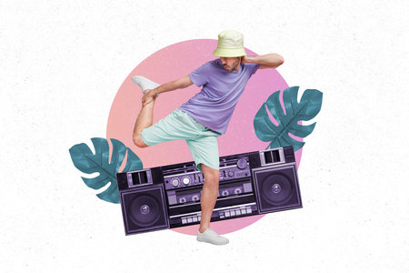 Creative collage portrait of excited carefree guy dancing chilling big boombox plant leaves isolated on painted backgroundの写真素材