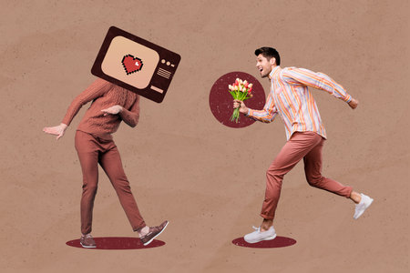 Composite collage picture of two guys tv instead head hold bouquet running isolated on drawing backgroundの写真素材